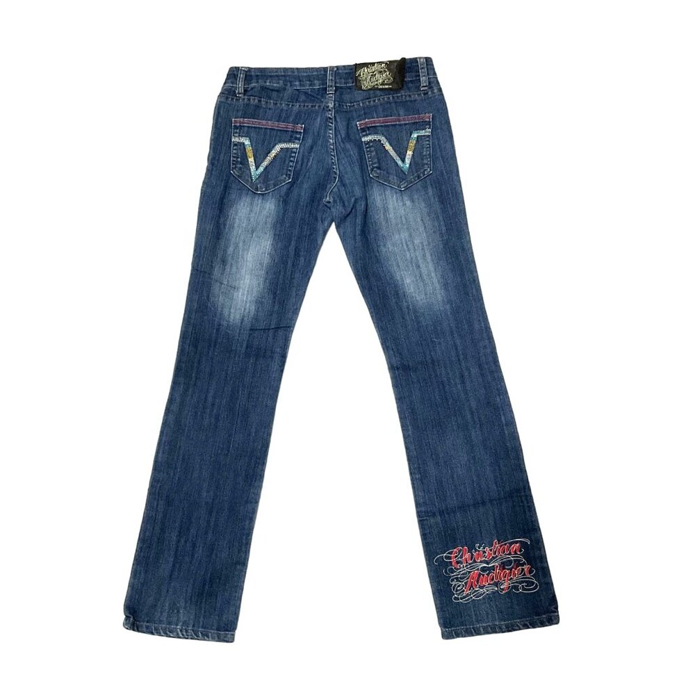 Christian Audigier Boot Cut Jeans Sz 31 Blue Low Rise Embroidered Rhinestones